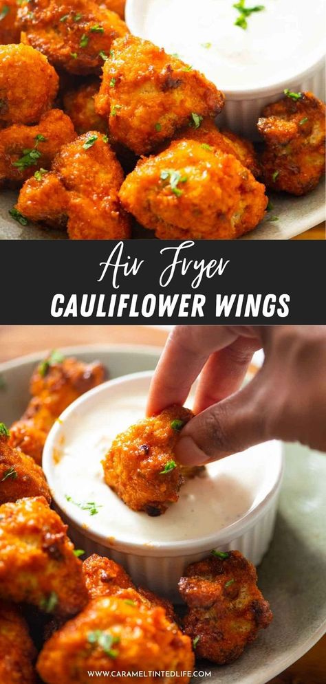 collage of buffalo cauliflower and dip images Air Fryer Cauliflower Wings, Air Fried Cauliflower, Veg Crispy, Vegan Cauliflower Wings, Air Fryer Cauliflower, Buffalo Cauliflower Recipes, Cauliflower Buffalo Wings, Party Sides, Buffalo Cauliflower Bites