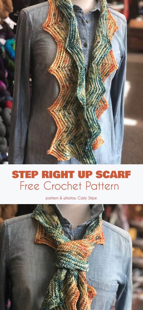 Step Right Up Scarf Free Crochet Pattern #freecrochetscarf #crochetscarfpatttern #crochetsummer Animal Scarves, Crochet Cottage, Make A Scarf, Crochet Scarfs, Crochet Wrap Pattern, Chevron Stitch, Crochet Scarf Pattern Free, Crochet Shawl Pattern Free, Shawl Patterns