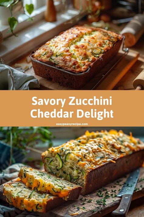 Loaf of zucchini cheddar quick bread on a wooden cutting board with slices showing cheese and zucchini chunks inside. Cheddar Quick Bread, Savory Zucchini Bread, Zucchini Dinner Recipes, Zucchini Cheddar, Zucchini Pasta Recipes, Zucchini Cheese, Fluffy Bread, Easy Zucchini Recipes, Quick Bread Recipe