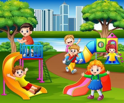 Happy children playing in the school pla... | Premium Vector #Freepik #vector #public-park #playground #play-ground #school-playground Playground Clipart, School Wall Art Ideas, School Door Decorations, School Images, School Wall Art, School Cartoon, School Painting, Kids Background, Happy Children