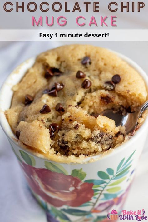 This fluffy, warm chocolate chip mug cake bakes in the microwave and has all the decadence you want from a dessert in a single serving! #bakeitwithlove #mugcake #1minutedessert #chocolatechip #easydessert #recipe Best Cake In A Mug Recipes, Cup Microwave Cake Mugs, White Chocolate Chip Mug Cake, How To Make A Microwave Cake, Best Cookie In A Mug Recipe, Easy Cake In A Mug Recipes, Mug Cake Microwave No Butter, Microwave Cakes In A Mug, Cup In A Mug Microwave Cake