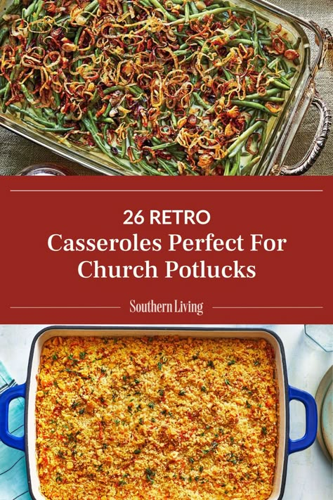 Potlucks have made their way to holiday gatherings and churches everywhere. A church potluck in the South is sure to be a big event filled with delicious homemade dishes, and we'd be lying if we said there's not a bit of competition involved. The best way to guarantee that your contribution will be a crowd-pleaser is by making one of these potluck casserole recipes. Whether you need a main dish or a side, casseroles are the perfect potluck idea because they're portable and easy to freeze if you have leftovers, which we'll admit, is rare. These easy-to-make and easy-to-take potluck casseroles will be enjoyed by church members of all ages. #recipeideas #potluck #casseroles #churchrecipes #dinners #retro Church Pot Luck Recipes, Church Ladies Casserole, Pot Luck Main Dish Ideas, Church Potluck Side Dishes, Church Dinner Ideas Potluck Dishes, Pot Luck Dishes For A Crowd Easy, Covered Dish Ideas Potlucks, Church Casseroles Potlucks, Potluck Dishes Crowd Pleasers