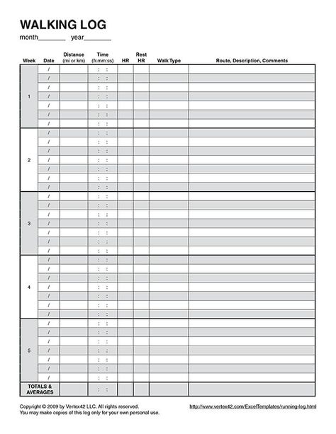 Free printable Walking Log (PDF) from Vertex42.com Workout Log Printable, Workout Logs, Workout Plan Template, Exercise Log, Walking Program, Walking Club, Free Workout Plans, Walking Fitness, Meal Planners