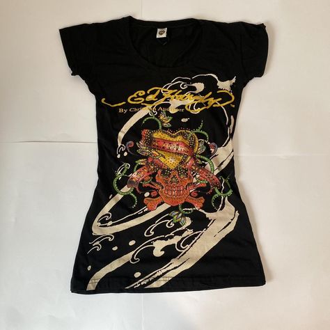 Graphic Y2k Tees, 2000s Shirts Graphic Tees, Ed Hardy Tshirt, Ed Hardy Clothes, Rhinestone Clothes, Ed Hardy Outfit, Ed Hardy Y2k, Ed Hardy Shirt, Graphic Tee Y2k