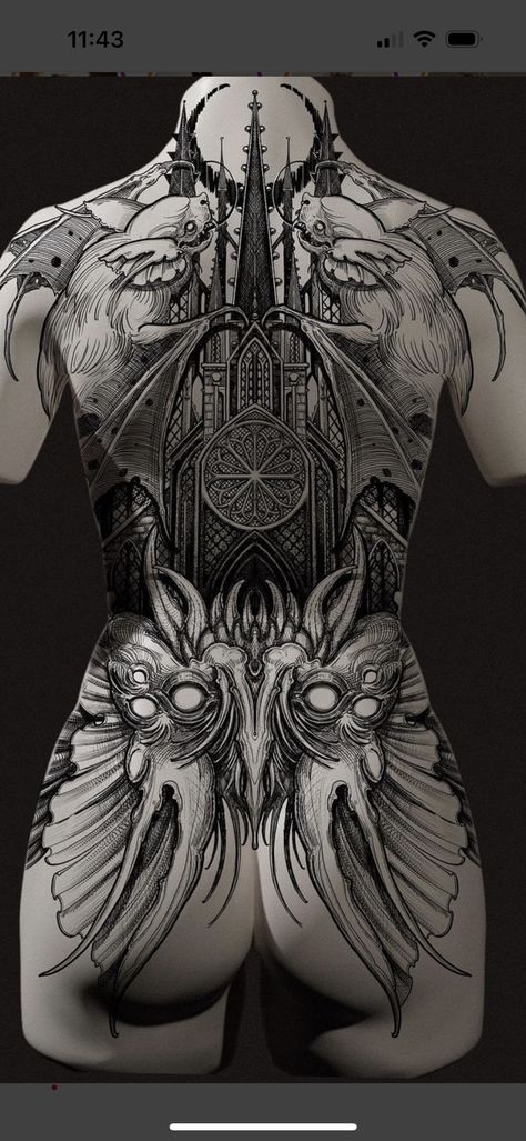 Back Tattoo Alternative, Large Back Piece Tattoo, Back Piece Women Tattoo, Gargoyle Back Tattoo, Black And Grey Stomach Tattoos, Gothic Cathedral Back Tattoo, Full Torso Tattoos For Women, Dark Back Tattoos Women, Blackout Back Tattoo