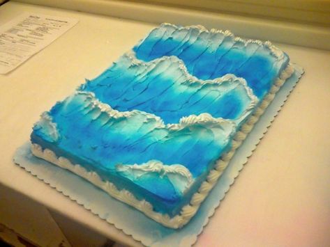 Waves Yellow cake with white whipped icing. Originally I was just experimenting and found a neat trick to getting realistic waves! Waves On Cake, Cake With Icing, Wave Cake, Whipped Icing, Bolo Moana, Ocean Cakes, Shark Cake, How To Make Icing, Sea Cakes