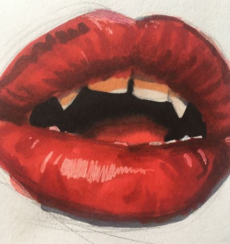 17 Easy Lips Drawing Ideas for Beginners to Try Lips Marker Drawing, Easy Drawings With Paint, Vampire Lips Painting, Lip Artwork Paintings, Lips With Fangs Drawing, Mouth With Lollipop Drawing, Lips Sewn Shut Drawing, Vampire Teeth Drawing Sketch, Lip Art Reference