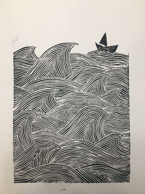 Sea Lino Print, Waves Linocut, Sea Linocut, Sea Line Art, Lino Cut Ideas, Linocut Art Ideas, Lino Print Ideas, Lino Cut Art, Lino Cut Prints