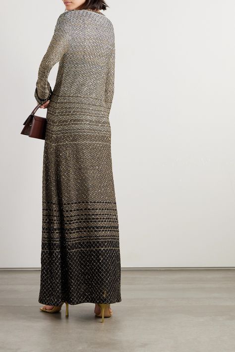 Find MISSONI Sequined Striped Metallic Crochet-knit Maxi Dress on Editorialist. Overlaid with sequined embroidery, Missoni's maxi dress will shimmer prettily as it catches the light. It's been crochet-knitted from metallic threads that create a striking striped gradient effect. The round neckline is detailed with a keyhole cutout. Metallic Crochet, Missoni Dress, Multicolor Sequins, Crochet Knit Dress, Crochet Maxi Dress, Crochet Maxi, Dress Home, Maxi Dress Cotton, Maxi Knit Dress