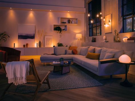 Livingroom Mood Lights, House Mood Lighting, Philips Hue Bedroom, Lighting For Living Room Ideas, Dim Lights Aesthetic Living Room, Room With Ambient Lighting, Ambient Home Lighting, Light Up Living Room, Ambient Lighting Living Room Night