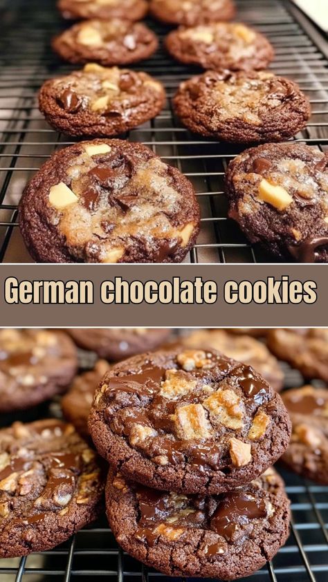 Decadent German Chocolate Cookies That Everyone Will Love! Cookies With Almonds In Them, Crumbl German Chocolate Cookie Copycat, No Bake Coconut Pecan Praline Cookies Recipe, Chocolate Pecan Coconut Cookies, German Chocolate Cookies Recipe, Chocolate Nut Cookies, German Dessert Recipes, Everything Cookies Recipe, Coconut Chocolate Cookies