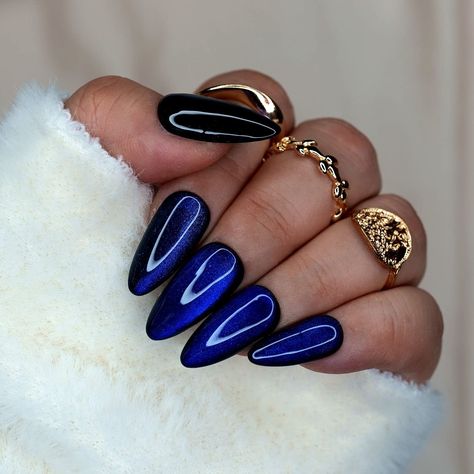 10 Pcs Handmade Press on Nails (Small, Blue Cat Eye/Navy Moon Stone on Black/Almond) A011S Navy Cat Eye Nails, Navy Blue Almond Nails, Nails Small, Blue Cat Eye, White Liquid, Trend 2023, Nail Trend, Cat Eye Nails, Summer Acrylic Nails