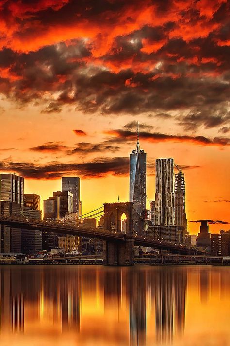 Fiery Sunset, One World Trade Center, Australian Photographers, Manhattan Skyline, Skyline Art, World Trade Center, City Aesthetic, Brooklyn Bridge, First World