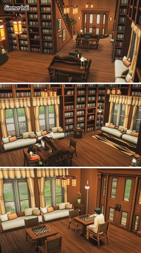 Sims 4 Library Room Ideas, Sims 4 Library Floor Plan, Sims4 Library Ideas, Sims 4 Newcrest Library, Sims Library Room, Sims 4 Library Interior, Sims 4 Base Game Library, Sims 4 Library Layout, Roblox Bloxburg Library Ideas