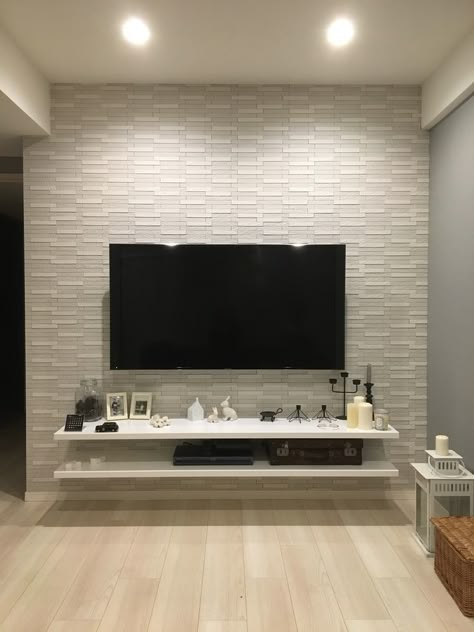 Tv Display Ideas Bedroom, Tv On Wall Bedroom, Tv On Wall Ideas Bedroom, Tv Wall Unit With Fireplace, Tv Floating Shelves Ideas Tv Walls, Tv Wall Decor Bedroom, Decor Behind Tv, Large Tv Wall Ideas, Tv Wall Design Living Room