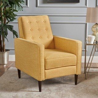 Mervynn Mid-Century Button Tufted Fabric Recliner Club Chair by Christopher Knight Home (muted yellow + dark espresso) Mid Century Recliner, Mid Century Modern Recliner, Living Room Furniture Recliner, Home Goods Furniture, Muted Yellow, Mid Century Modern Bench, Modern Recliner, Christopher Knight, Christopher Knight Home