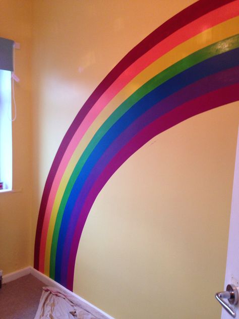 Rainbow painted on wall for nursery. Used paint tester pots and lots of 'frog tape' masking tape. Rainbow Paint On Wall, Painting Rainbows On Walls, Nursery Girl Ideas, Baby Room Paint Ideas, Rainbow Wall Paint, Rainbow Wall Painting, Baby Room Paint, Baby Nursery Girl, Room Paint Ideas