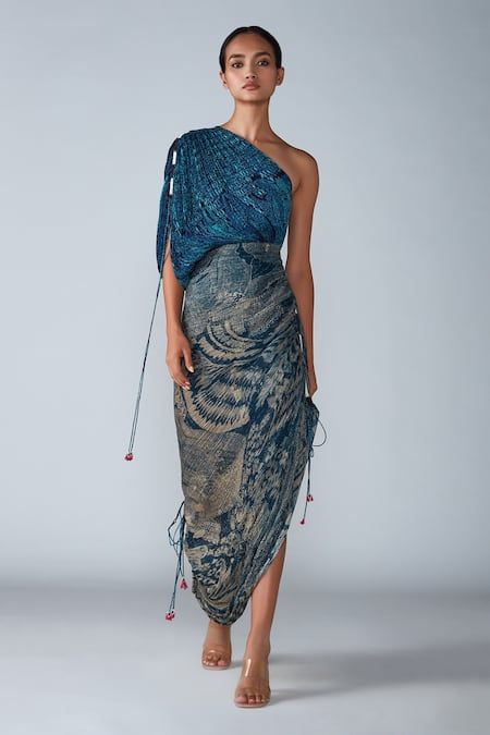 Buy Blue Cotton Silk Printed Abstract Bird And Tile Asymmetric & Saree Dress For Women by Saaksha & Kinni Online at Aza Fashions. Pleated Saree, Abstract Bird, Sari Dress, Abstract Print Dress, Print Saree, Ruffle Fabric, Aloha Hawaii, Tile Print, Saree Dress