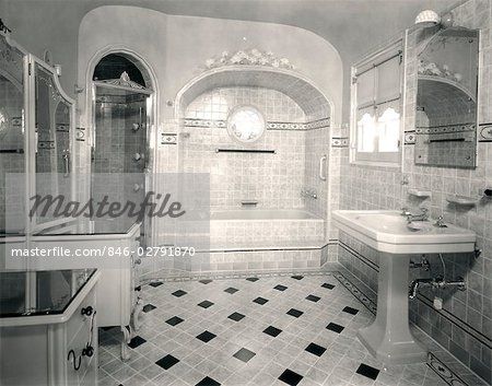 1920s INTERIOR UPSCALE TILED BATHROOM Vintage Tile Bathroom, 1920s Bathroom, 1920s Home Decor, 1920s Interior, 1920s Interior Design, Tiled Bathroom, Bathroom Canvas, Walk In Shower Designs, Bathroom Posters