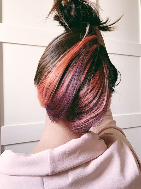 You can still be you. 😉 Pink and purple hidden hair color. Purple Hidden Hair, Multicolour Hair, Hidden Hair Color, Underlights Hair, Hair Color Underneath, Peekaboo Hair, Hair Color Streaks, Hair Color Purple, Mermaid Hair