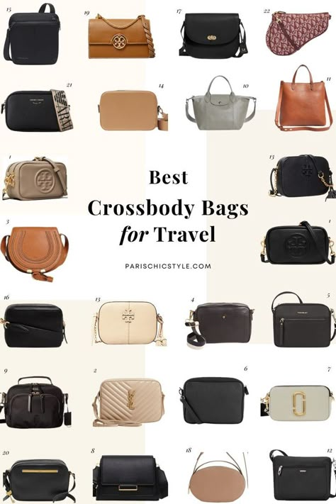 Best crossbody bags for travel, stylish anti theft crossbody bags: Tory Burch, Chloe, Saint Laurent, Travelon, Madewell, Quince, Leatherology, Marc Jacods, Mango, Tumi, Longchamp, Marc & Spencers, Lo & Sons, Cuyana, Fossil, Emporio Armani, Dior. #bestcrossbodybagsfortravel #crossbodybags  #antitheftcrossbodybags Paris Chic Style #parischicstyle #toryburch #chloe #madewell Affordable designer crossbody bags for travel, work, streetstyle. Best anti theft crossbody bags that are chic handbags. Medium Handbags For Women, Best Cross Body Bags For Travel, Brown Bags Outfit, Crossbody Designer Handbags, Designer Crossbody Bags Outfit, Buying Designer Bags In Paris, Tumi Bags For Women, Celebrity Crossbody Bag, Designer Black Cross Body Bag