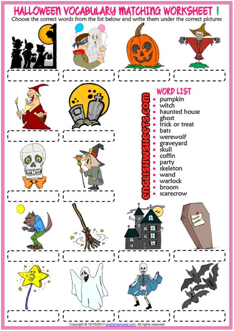 Halloween Vocabulary Matching Exercise ESL Worksheets Halloween Exercises For Kids, Halloween Esl, Halloween Subtraction, Grammar Exercise, Halloween Vocabulary, Creative Lesson Plans, Halloween Bingo, Halloween Worksheets, Esl Vocabulary