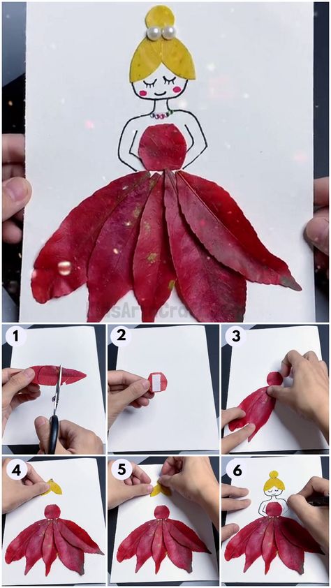 How To Make Fall Leaf Princess Artwork For Kids People Leaf Art, Crafts Using Leaves For Kids, Autumn School Project, Kids Fall Leaf Crafts, Leaf Animal Craft, Leaf People Art, Leaf Person Craft, Leaf Fairy Craft, Fair Art Projects For Kids