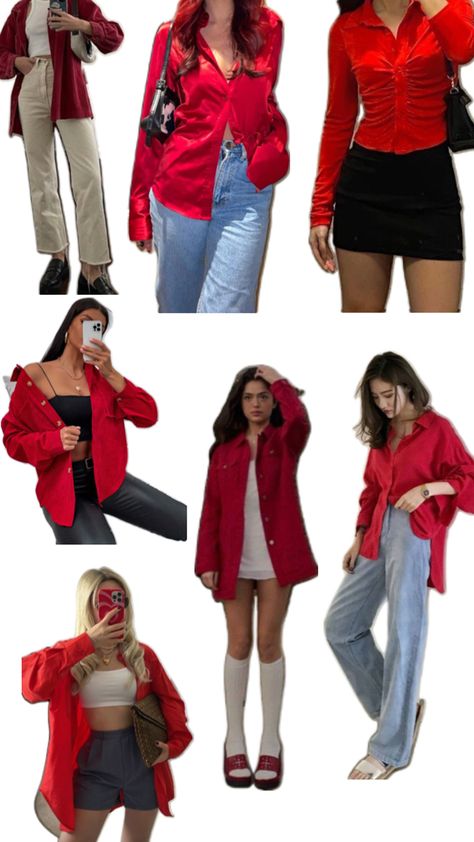 Bright Red Outfit Aesthetic, Red Polo Outfit Women's, Casual Red Outfits For Women, Red Top Work Outfit, Red And Jeans Outfits, Red T Shirt Outfit Aesthetic, Red Shirt Outfits Women Casual, Red Clothes Outfits, Red Ootd Aesthetic