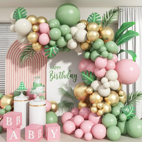 PRICES MAY VARY. 🌸【Baby Shower Balloon Garland】: Matte Pink Balloon (18-inch x 1, 12-inch x 10, 10-inch x 8, 5-inch x 15), Lime Green Balloon (18-inch x 1, 10-inch x 18, 5-inch x 15), Metallic Gold Balloon (10-inch x 18, 5-inch x 15), Sand White Balloon (10-inch x 18, 5-inch x 15), Balloon Accessories -Glue Dots 100pcs x 2, Balloon Chain x 1. You can use this baby shower party decorations for your birthday party use at home. 💎【100% Natural Latex Balloons】: All balloons are made from genuine na Green And Pink Balloon Arch, Pink And Green Baby Shower, Baby Shower Verde, Pink Balloon Arch, Jungle Safari Birthday Party, Sage Green And Pink, Jungle Safari Birthday, Baby Shower Garland, Baby Shower Theme Decorations