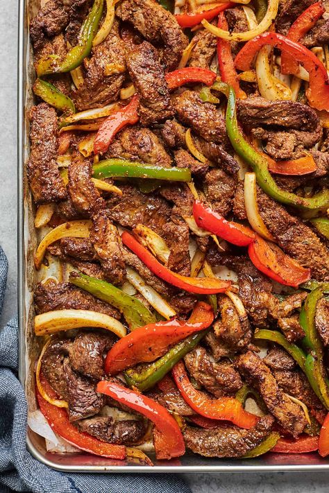 Sheet Pan Steak Fajitas, Beef Fajita Recipe, Sheet Pan Steak, Easy Steak Fajitas, Steak Fajita Recipe, Pan Steak, Homemade Fajita Seasoning, Beef Fajitas, Pan Chicken Fajitas