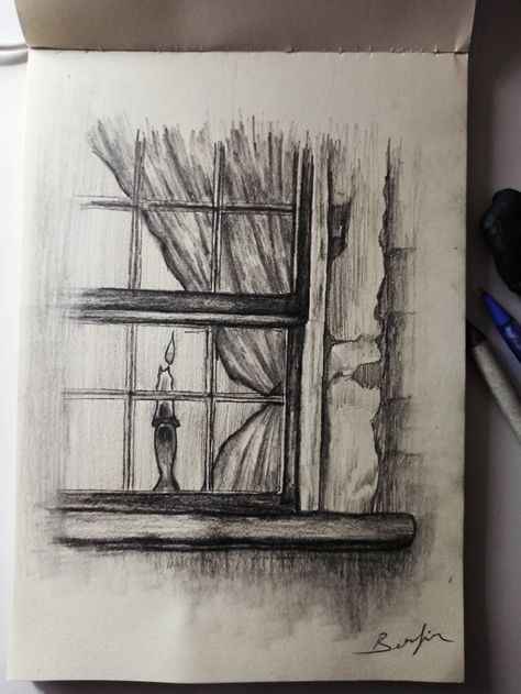 Window Pencil Drawing, Sketch Beginner Step By Step, Asthetic Sketches Simple, Cool Sketch Ideas Pencil, Black And White Sketches Pencil, Dark Draw Ideas Sketch, Winter Drawings Pencil, Drawing Ideas City, Charcoal Pencil Sketches