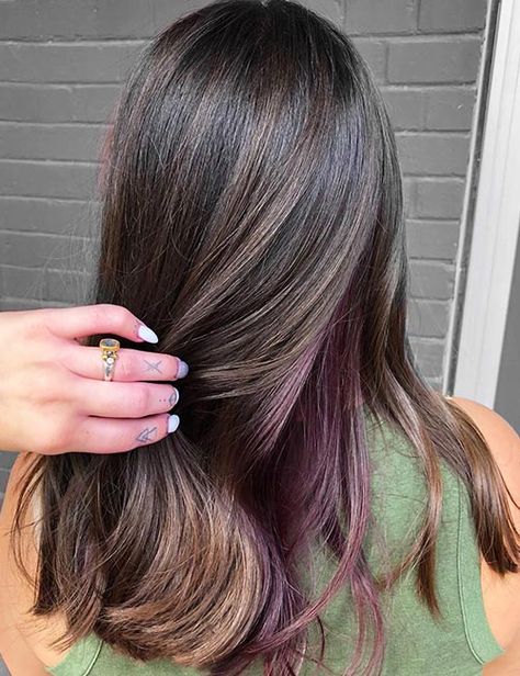 35 Captivating Peekaboo Highlights Purple Brown Hair, Brown Hair Trends, Hidden Hair Color, Peekaboo Hair Colors, Peekaboo Highlights, Chocolate Brown Hair Color, Peekaboo Hair, Chocolate Hair, Hair Color Purple