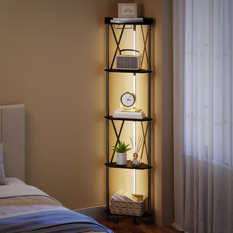 PRICES MAY VARY. Embedded LED Strips: This corner bookshelf features remote-controlled 24- color LED light strips on its back, which come pre-installed in the metal tube. With the remote control, you can adjust the color, brightness and frequency of the color change at will Well Fit for Any Corner: Still struggling to figure out where to place your furniture? This display shelf stand is a multipurpose solution that can be used in any room, including the dining room, bedroom, living room, kitchen Empty Bedroom Corner Ideas, Mens Room Decor, Minimalist Apartment Decor, Bookshelf Lighting, Corner Bookshelf, Standing Display, Shelf Stand, Wall Corner, Corner Bookshelves