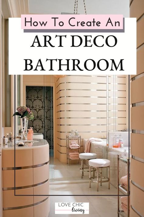 My best tips for creating a contemporary art deco bathroom using art deco lighting, mirrors, art deco bathroom vanity dressers & more. Bring a touch of Art Deco to your home with these stunning design ideas! #lovechicliving Modern Art Deco Inspired Bathroom, White Art Deco Bathroom, Art Deco Tile Bathroom, Great Gatsby Bathroom, Art Deco Mirror Bathroom, Art Deco Tiles Bathroom, Art Deco Bathroom Ideas, Great Gatsby Film, Modern Art Deco Bathroom