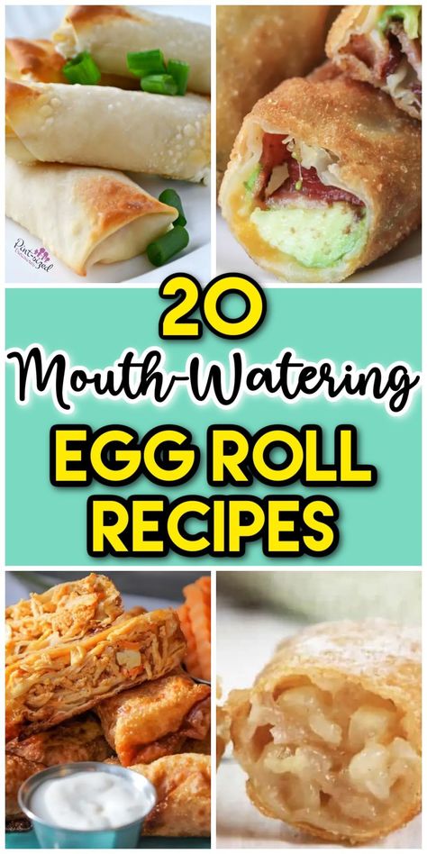 Looking for some mouthwatering egg roll recipes? These recipes are incredibly delicious! Savory and sweet egg roll recipes! These egg rolls are perfect as a side dish for dinner or almost any family gathering. Enchilada Egg Rolls, Italian Sausage Egg Rolls, Spaghetti Egg Rolls, Unique Egg Rolls, Dessert Eggroll Ideas, Breakfast Egg Roll Recipes, Egg Roll Wrapper Recipes Dinners, Egg Roll Filling Recipes Vegetable, Homemade Egg Roll Wrappers