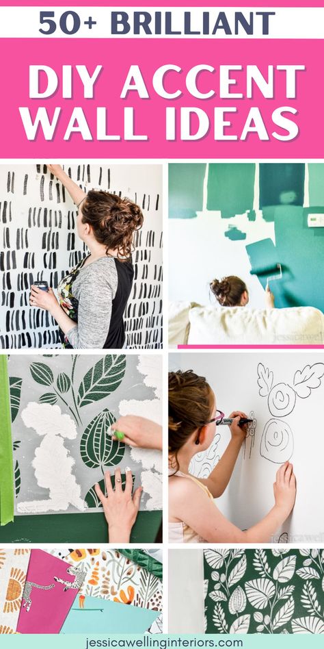 Get inspired with these affordable DIY accent wall ideas, from paint, to wallpaper, to wood planks and hand-painted murals. Painted Accent Wall Ideas, Cheap Accent Wall, Cheap Accent Wall Ideas, Diy Accent Wall Ideas, Painted Accent Wall, Wall Murals Painted Diy, Modern Wall Stencil, Accent Wall Stencil, Wall Murals Diy