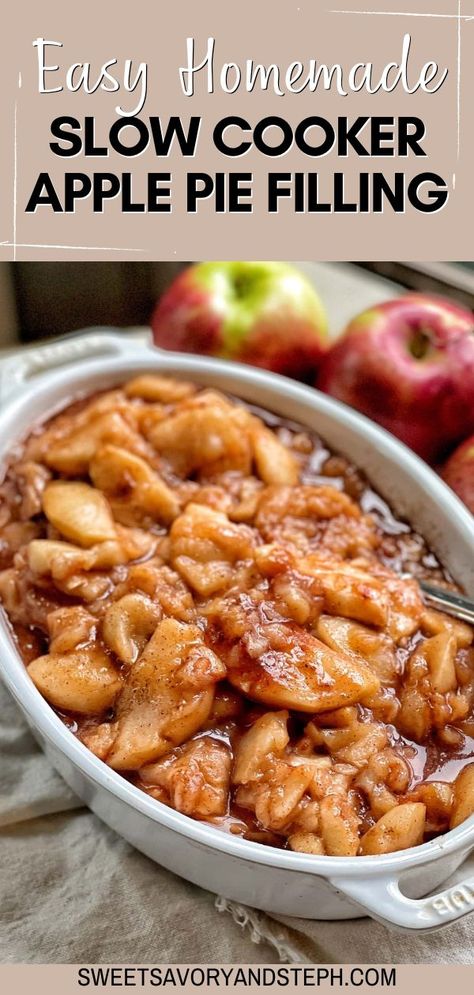 This easy homemade slow cooker apple pie filling is so simple to throw in your crockpot and let the slow cooker do all the work. There's nothing better than the ooey-gooey filling inside a warm, homemade apple pie and with this apple pie filling made in the slow cooker, it is so easy to make. Slow cooker apple pie filling is easy to make, delicious, and a healthy alternative to the sugar-laden traditional version. Healthy Apple Pie Filling, Cherry Filling Recipes, Slow Cooker Apple Pie, Sugar Free Apple Pie, Easy Apple Pie Filling, Canning Apple Pie Filling, Grandmas Apple Pie, Apple Pie Filling Recipes, Slow Cooker Apple