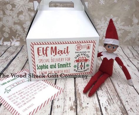 Elf arrival box. Includes; -box sized 9”x9”x6” -custom label for the front of the box with your child’s custom names -a personalized elf arrival letter “I’m Back” and will included your child’s names Please note it will not Include the elf. Elf Arrival Ideas, Elf Delivery, Kindness Elves, Elf On The Shelf Arrival, Elf Arrival, Santa Gift Tags, Elf On A Shelf, Elf Activities, Elf Props