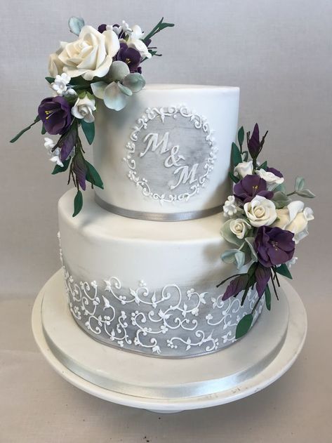 Bethanie - 2 tier wedding cake with grey detail on the cake and sprays of sugar flowers 2 Tier Wedding Cake, 2 Tier Wedding Cakes, Themed Wedding Cakes, Tiered Wedding Cake, Sugar Flowers, Color Themes, Wedding Cake, Silver Color, Wedding Cakes