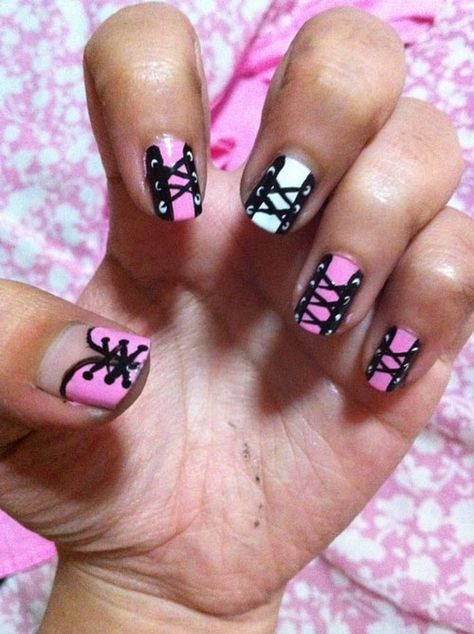 Corset nails, cute and more comfortable than an actual corset! Corset Nails, Robin Moses, Tape Nail Art, Health Secrets, 2023 Goals, Crazy Nail Art, Lace Nails, Nail Art For Beginners, Pink Corset