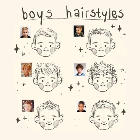 Short boys hairstyles 😊✨ Boys hair can be fun too! I draw my 3 little boys all the time, but they all have very similar hair so it’s fun drawing some different ones😁 In my hair tutorials I give all my tips about how I approach drawing hair and different hairstyles 💇💇‍♂️🥳 Use INSTA15 for a little bit off☺️✨ #drawingtips #drawingtutorial Cartoon Hair Styles, Hairstyles Boys, Boys Hairstyles, People Cartoon, رسم كاريكاتير, Illustrated People, Boys Hair, Illustration Art Kids