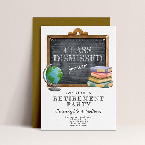 "EDITABLE, PRINTABLE TEACHER RETIREMENT PARTY INVITATION! School theme retirement party invitation. Can be used for any school-theme event as all text is editable! ---------------------------------------------- DEMO BEFORE YOU BUY! Copy and paste the URL into your browser: https://www.corjl.com/d/BGIC6 ---------------------------------------------- PERSONALIZE YOUR INVITATION! 1. Just a few minutes after purchase you'll receive an email with your direct link to your item where you can go and edit. Alternatively you can head straight to Corjl.com & login with your order information. 2. Personalize your item and then save. 3. Download files & print or send as text/email/social media. ---------------------------------------------- PERSONALIZABLE DETAILS: ALL TEXT can be edited  -------------- Schools Out Forever Retirement Party, Retirement Party Teacher, Retirement Party Ideas For Teachers, Retirement Party Ideas For Women Theme, Teacher Retirement Party Ideas, Theme Retirement Party, Work Retirement Party Ideas, Teacher Retirement Party, Retirement Party Cakes