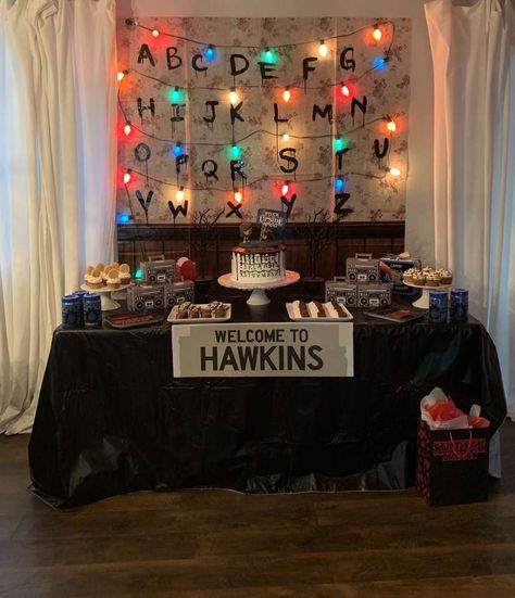 Stranger things party | CatchMyParty.com Stranger Things Birthday Party, 13th Birthday Party Ideas, Stranger Things Birthday, Stranger Things Halloween Party, Stranger Things Theme, 13th Birthday Party, 11 Stranger Things, Stranger Things Halloween, 13th Birthday Parties