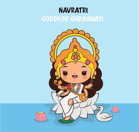 Saraswati Cartoon, Cute Saraswati Goddess, Ganesha Cartoon, Indian Cartoon Characters, Navratri Illustration, Navratri Pic, Navratri Devi Images, Ganesha Drawing, Goddess Saraswati