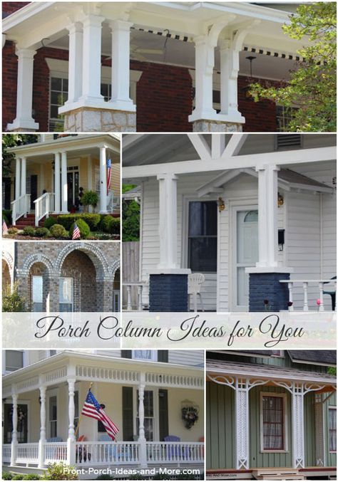 Extensive information and pictures about porch columns: http://www.front-porch-ideas-and-more.com/porch-columns.html #porchposts Small Front Porch With Columns, Porch Post Ideas Columns, Columns Front Porch, Front Porch Column Ideas, Porch Post Ideas, Porch Column Ideas, Doorway Ideas, Porch Column Wraps, Porch Trim