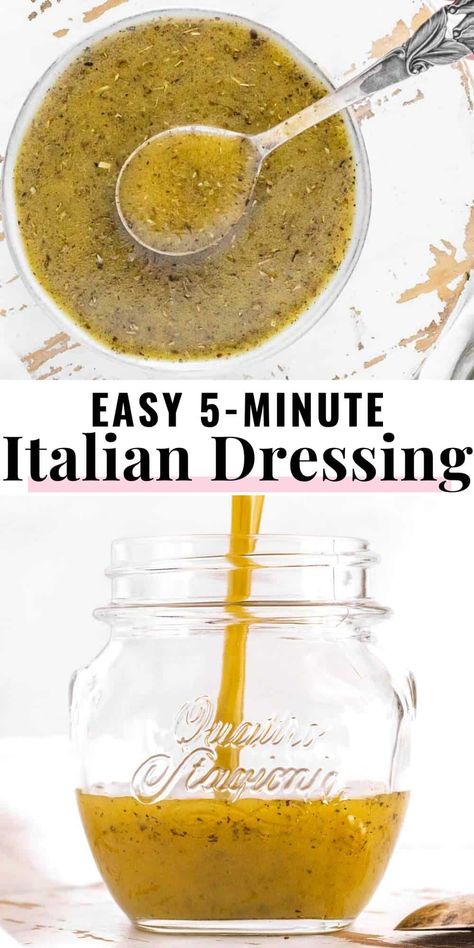 Homemade Italian dressing is a simple vinaigrette recipe to add flavor, freshness, and aroma to many salads, such as Italian pasta salads, big Italian salads, or simple side salads.Learn how to� make it in 5 minutes, with nine simple ingredients, in a small jar. Italian Pasta Salads, Italian Salads, Easy Homemade Italian Dressing, Easy Sauces, Oil And Vinegar Dressing, Italian Dressing Recipe, Italian Dressing Recipes, Sauces Recipes, Homemade Italian Dressing