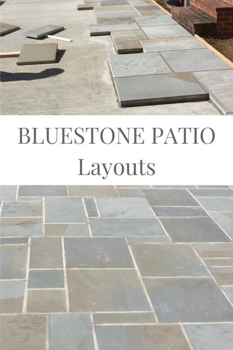 Tiled Front Porch Ideas, Outdoor Patio Title, Front Entry Courtyard Ideas, Stone Patio Designs Layout, Stone Over Concrete Porch, Modern Bluestone Patio, Patio Stone Patterns, Thermal Bluestone Patio, Bluestone Patio Pattern