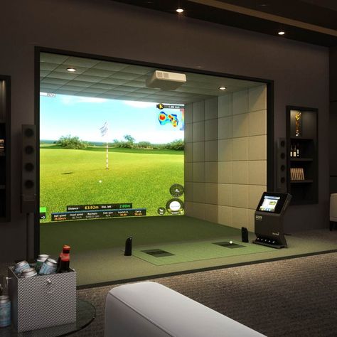 Sports Simulator Room, Luxury Golf Simulator Room, Indoor Golf Room, Golf Simulator Room Design, Golf Studio, Golf Man Cave, Golf Bar, Indoor Golf Simulator, Home Golf Simulator