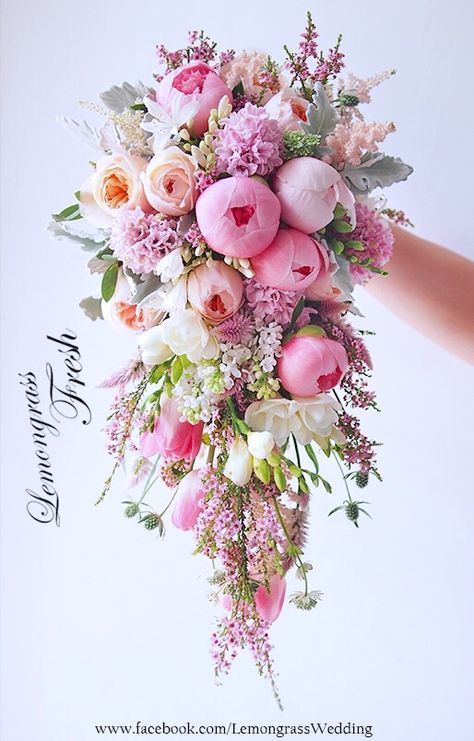 Large White Bouquet Wedding, Peony Waterfall Bouquet, Summer Cascade Bouquet, Peony Cascade Bouquet, Pink Wedding Bouquets Bride, Wedding Bouquets Waterfall, Cascade Flower Bouquet, Pink Cascading Bridal Bouquet, Spring Wedding Bouquets Peonies