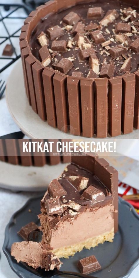 No-Bake KitKat Cheesecake! - Jane's Patisserie Kitkat Cheesecake, Kitkat Torte, Jane Patisserie, Kit Kat Cheesecake, Cute Meals, Vegeterian Dishes, Reuben Dip, Janes Patisserie, Chocolate Cheesecake Recipes